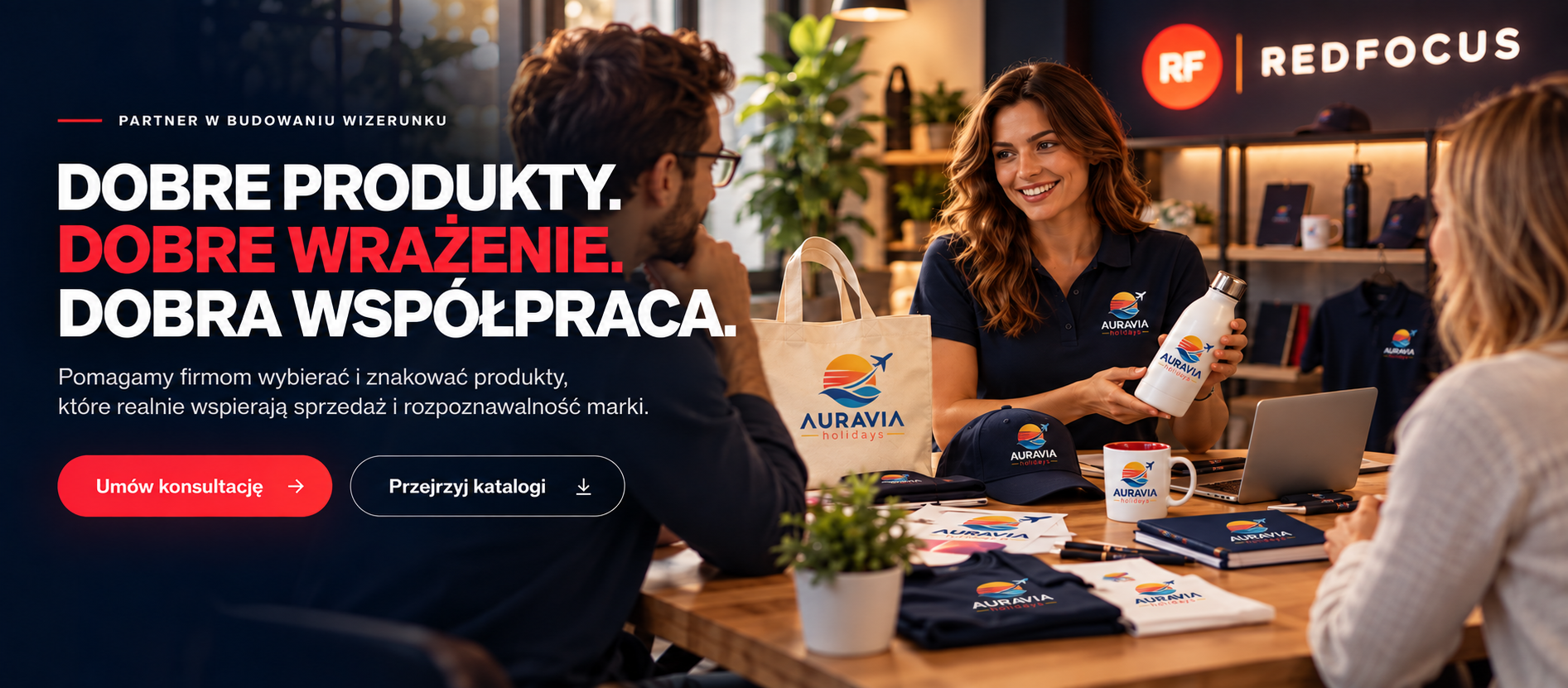 RedFocus – przykładowe gadżety reklamowe z brandingiem Auravia Holidays