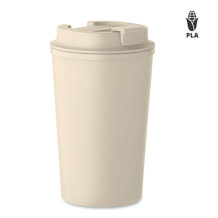 Kubek dwuścienny z PLA z pokrywką — 350 ml — Beżowy