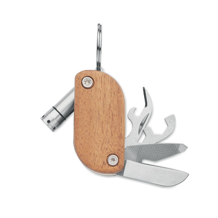 Multitool z akacjową rękojeścią i LED — 9 funkcji — Drewno