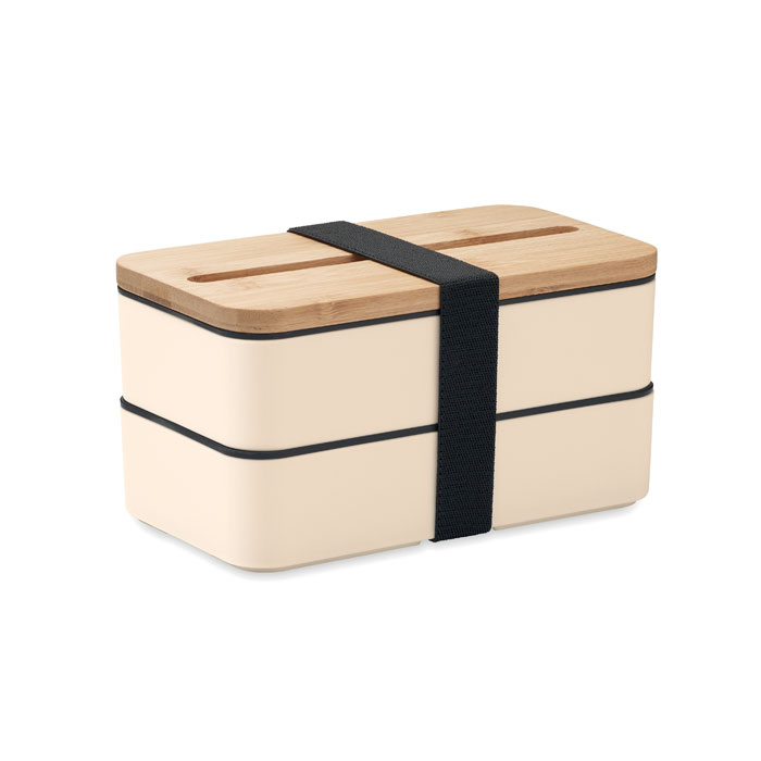 Dwupoziomowy lunchbox z bambusową pokrywką — 800 ml — Beżowy
