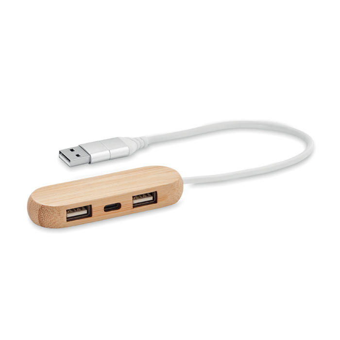 Bambusowy hub USB 2.0 — 3 porty, wejście USB-C — Naturalny bambus