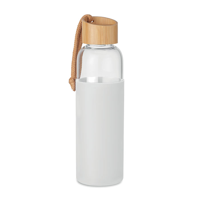 Butelka szklana w silikonowym etui z bambusową zakrętką — 500 ml — Biały