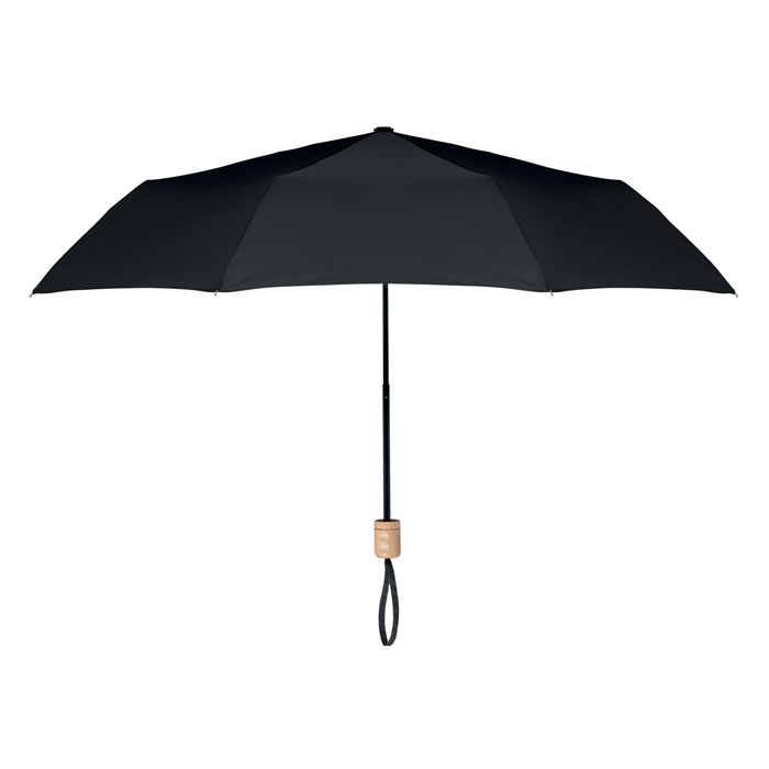 Parasol składany RPET z drewnianą rączką — 21″ — Czarny
