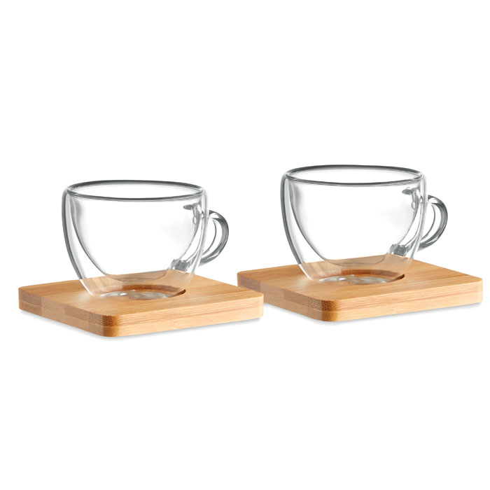 Zestaw 2 szklanek do espresso z bambusowym spodkiem — 60 ml — Przezroczysty